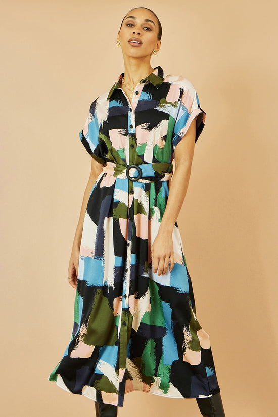 Yumi Blue Brushstroke Print Relaxed Midi shirt Dress - QHA UK