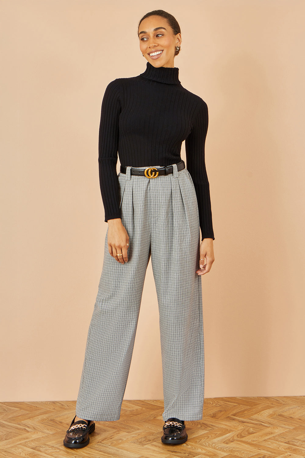 Yumi Grey Check Wide Leg Trousers - QHA UK