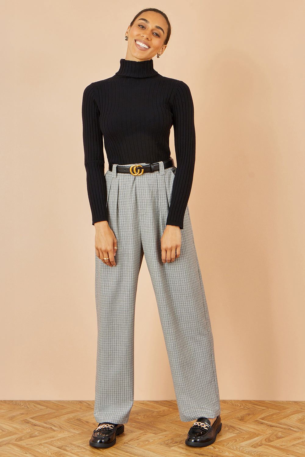 Yumi Grey Check Wide Leg Trousers - QHA UK