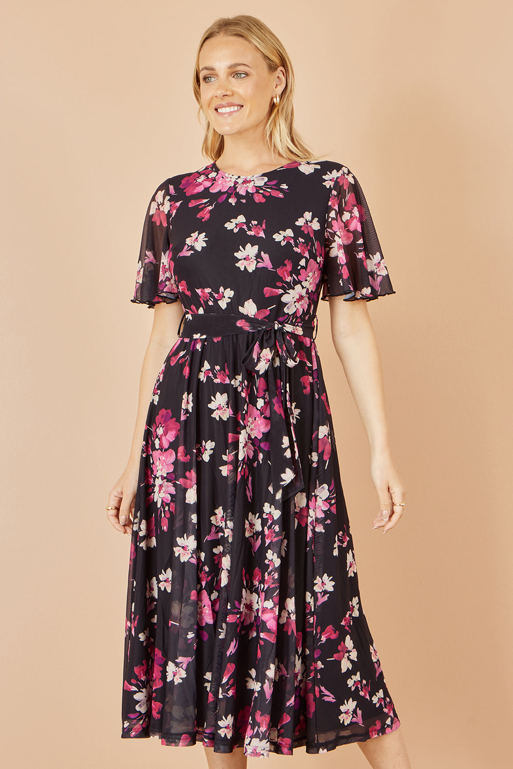 Yumi Black Mesh Skater Floral Midi Dress - QHA UK