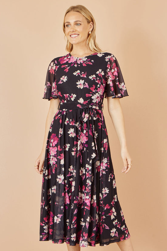 Yumi Black Mesh Skater Floral Midi Dress - QHA UK