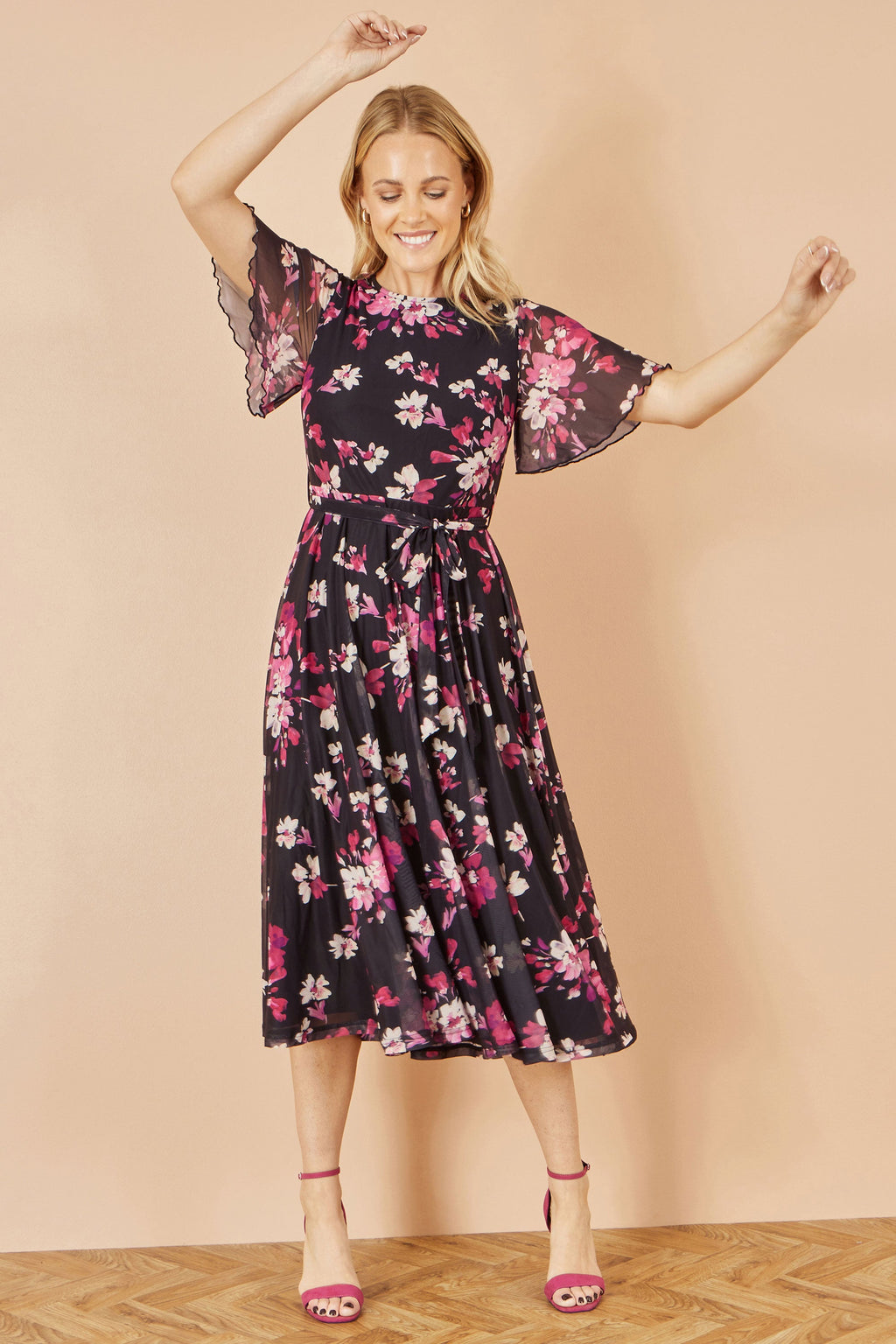 Yumi Black Mesh Skater Floral Midi Dress