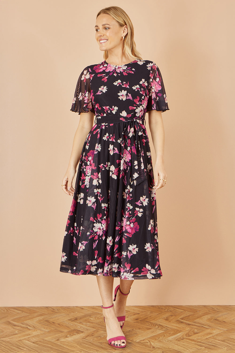 Yumi Black Mesh Skater Floral Midi Dress - QHA UK