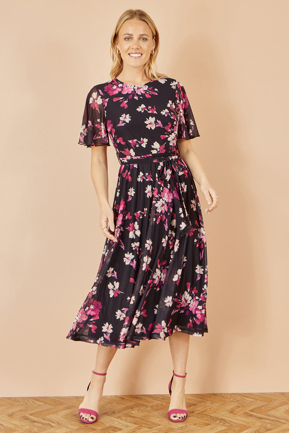 Yumi Black Mesh Skater Floral Midi Dress - QHA UK