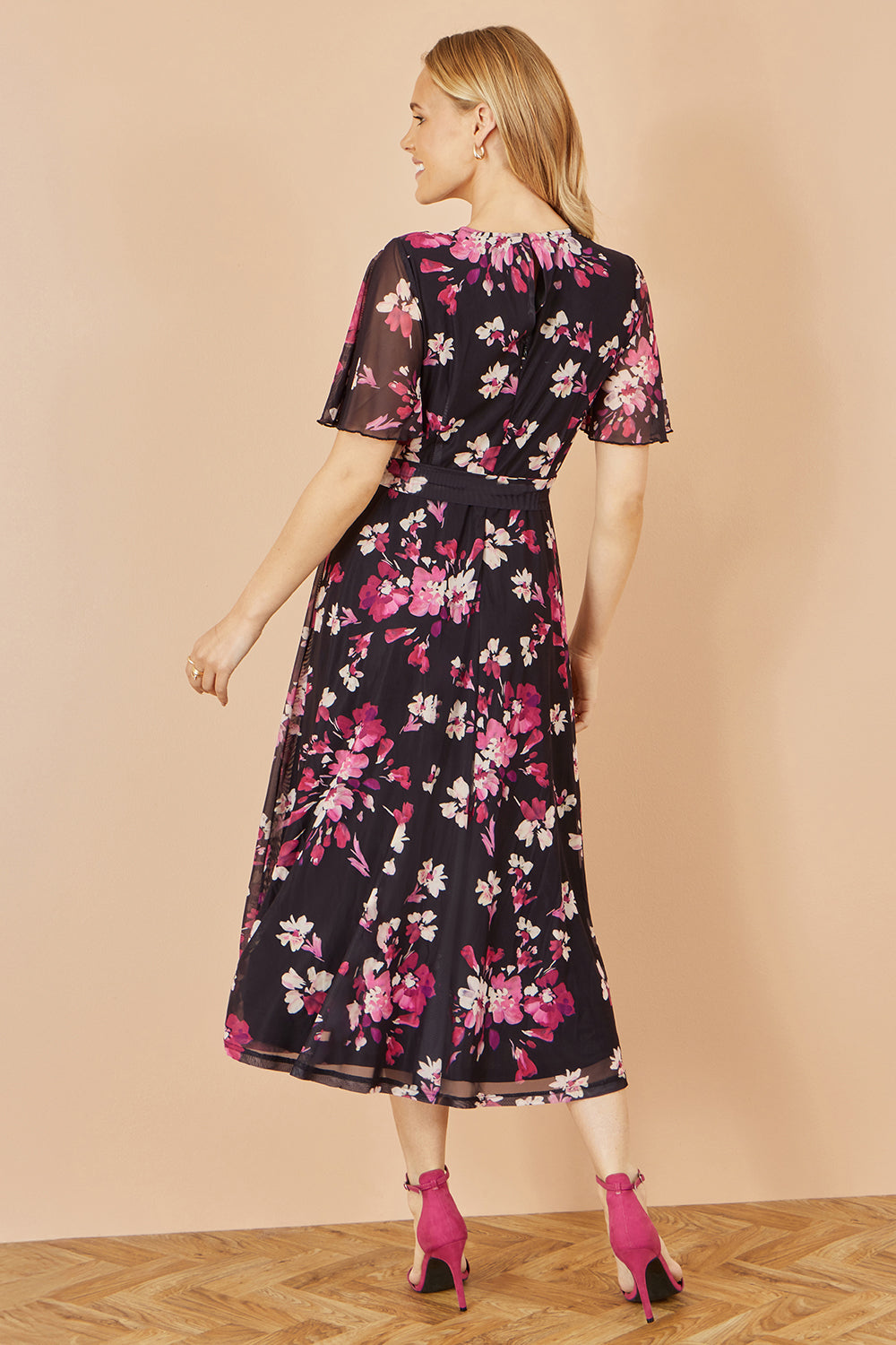 Yumi Black Mesh Skater Floral Midi Dress - QHA UK