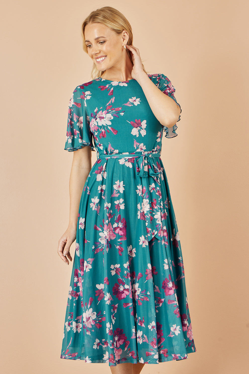 Yumi Teal Mesh Skater Floral Midi Dress - QHA UK