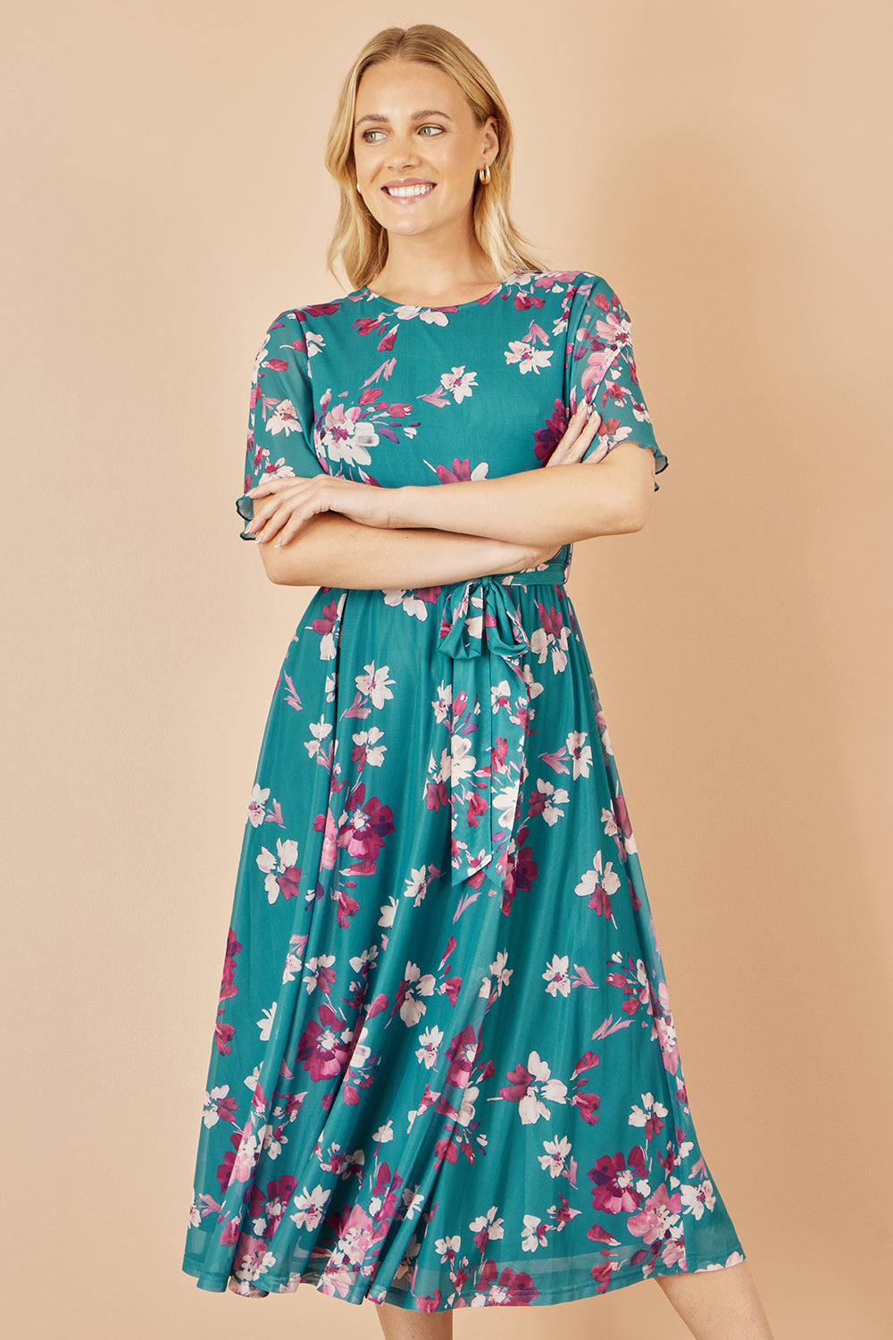 Yumi Teal Mesh Skater Floral Midi Dress - QHA UK