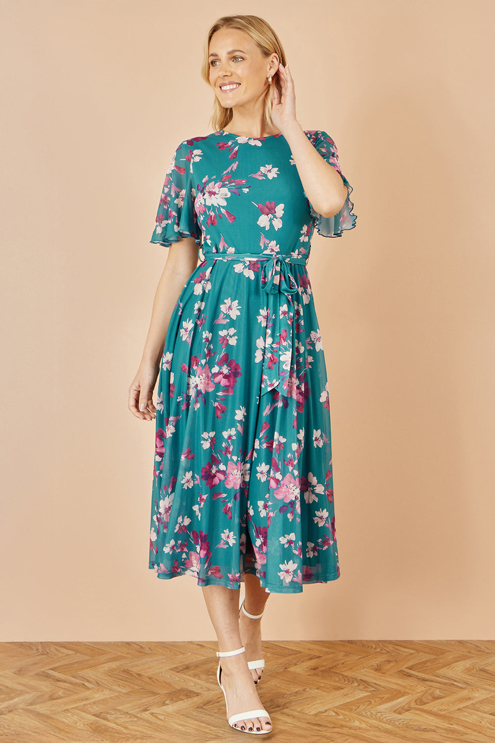 Yumi Teal Mesh Skater Floral Midi Dress - QHA UK