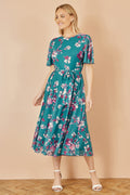 Yumi Teal Mesh Skater Floral Midi Dress - QHA UK