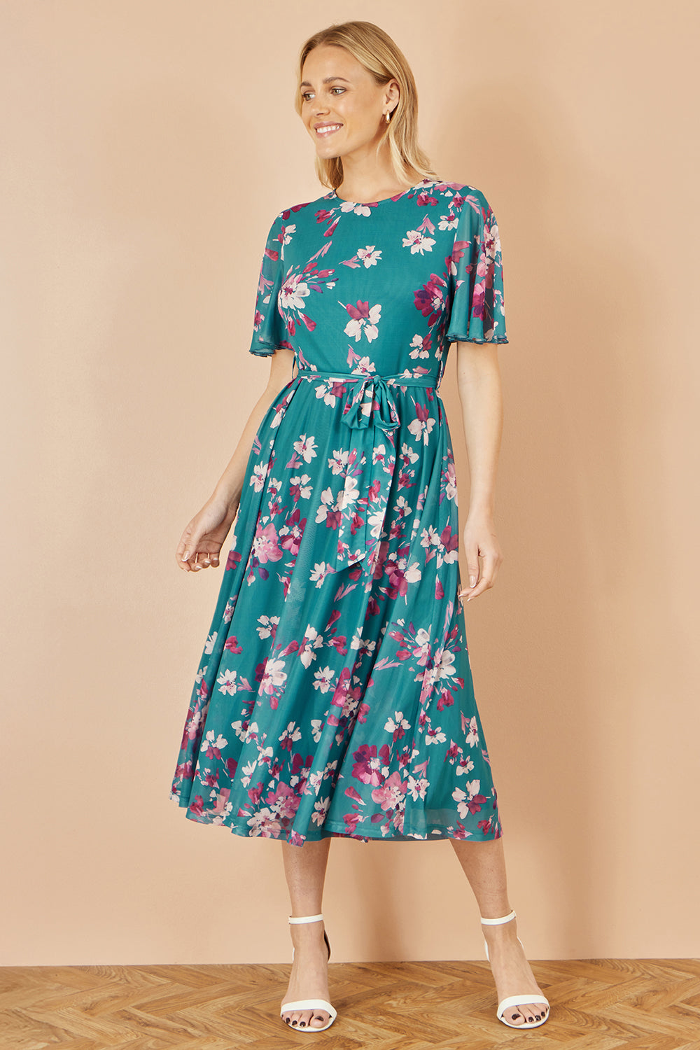 Yumi Teal Mesh Skater Floral Midi Dress - QHA UK
