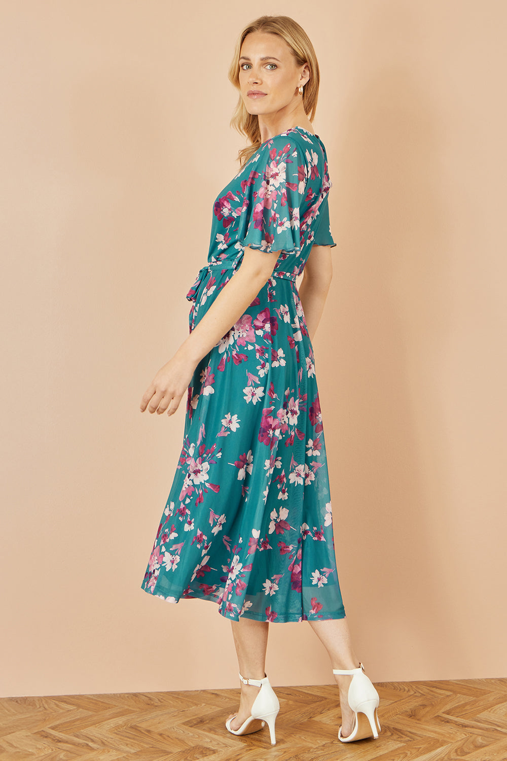 Yumi Teal Mesh Skater Floral Midi Dress - QHA UK