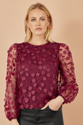 Yumi Burgundy Sheer Sleeve Applique Flower Top - QHA UK