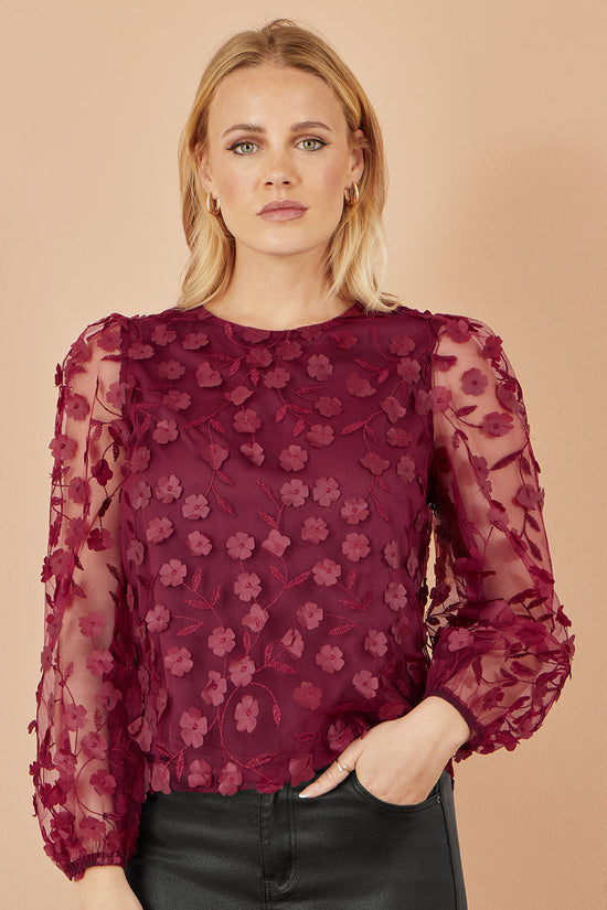 Yumi Burgundy Sheer Sleeve Applique Flower Top - QHA UK
