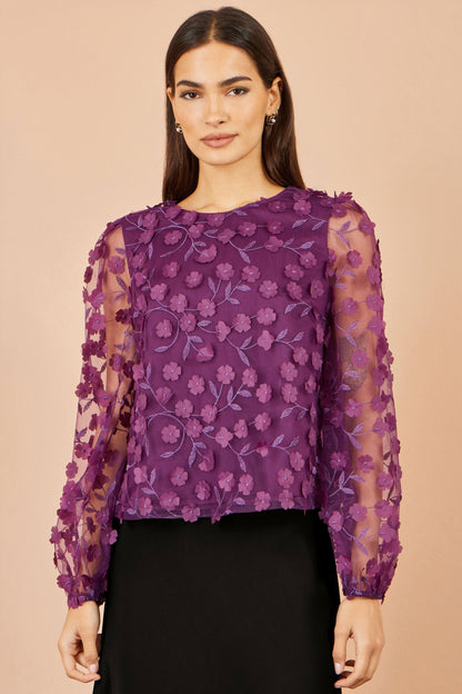 Yumi Women's Plum Floral Applique Sheer Sleeve Top
