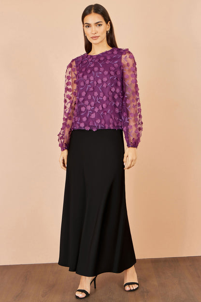 Yumi Women's Plum Floral Applique Sheer Sleeve Top