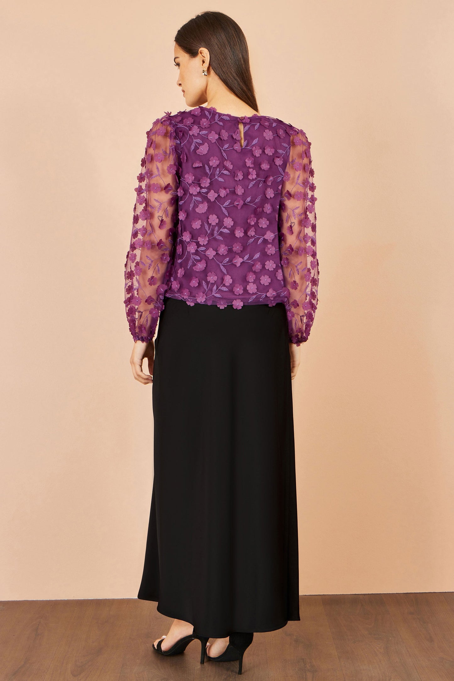 Yumi Women's Plum Floral Applique Sheer Sleeve Top