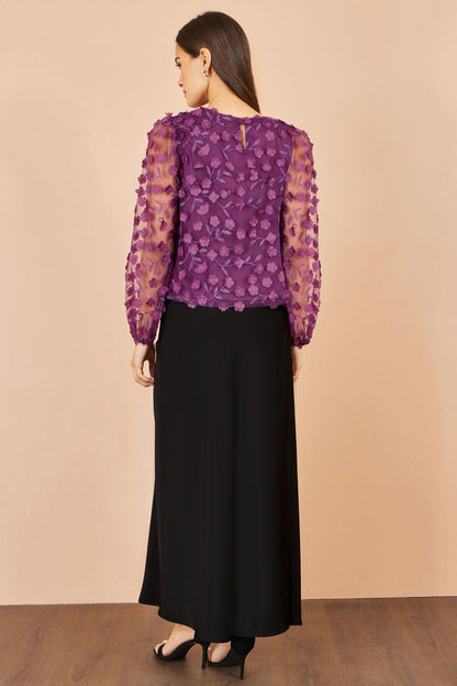 Yumi Women's Plum Floral Applique Sheer Sleeve Top