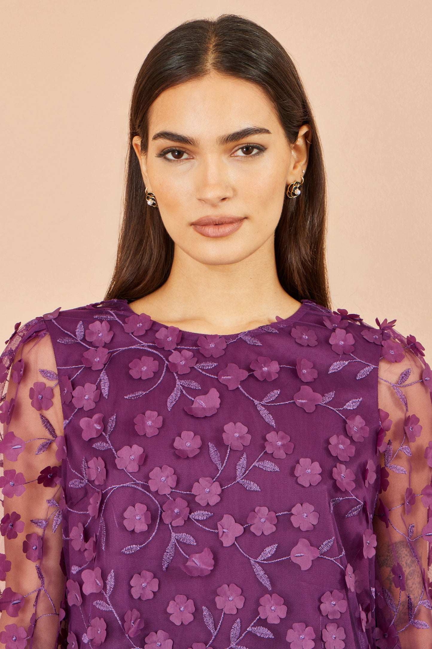 Yumi Women's Plum Floral Applique Sheer Sleeve Top
