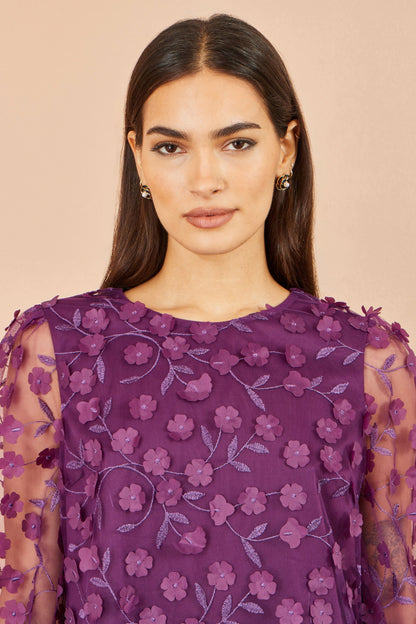 Yumi Women's Plum Floral Applique Sheer Sleeve Top