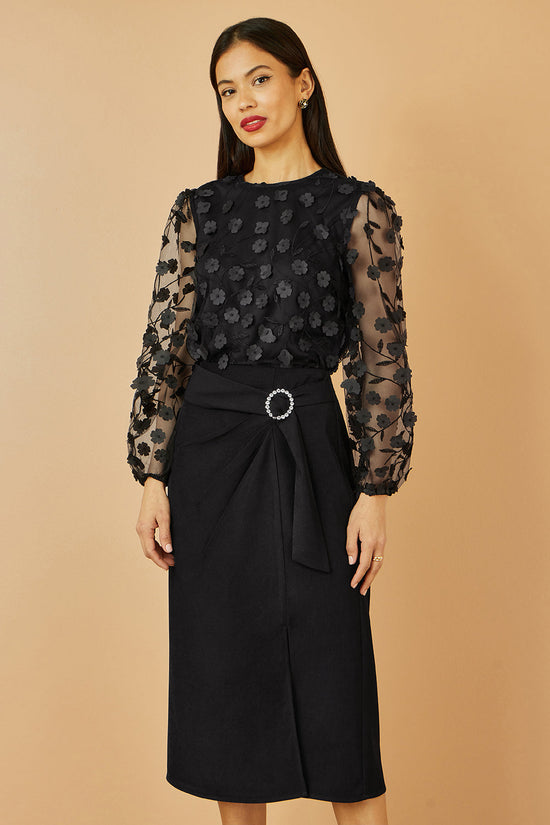 Yumi Black Sheer Sleeve Applique Flower Top - QHA UK
