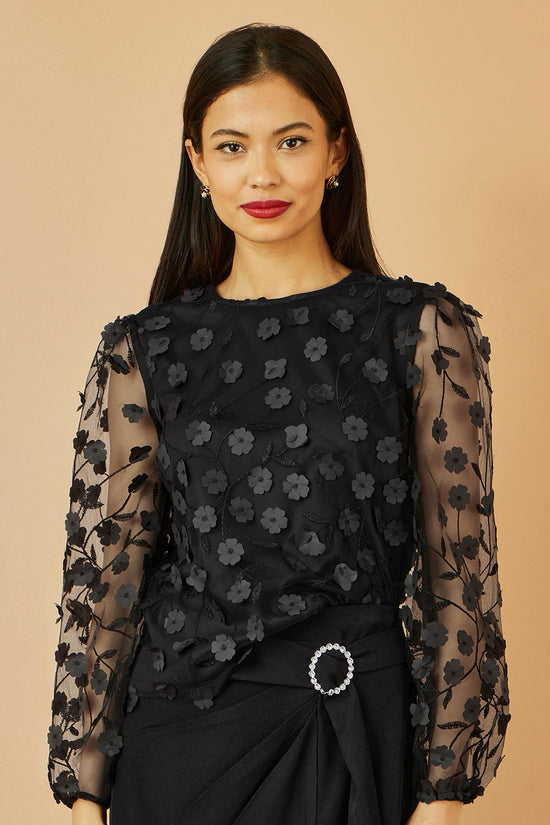 Yumi Black Sheer Sleeve Applique Flower Top - QHA UK