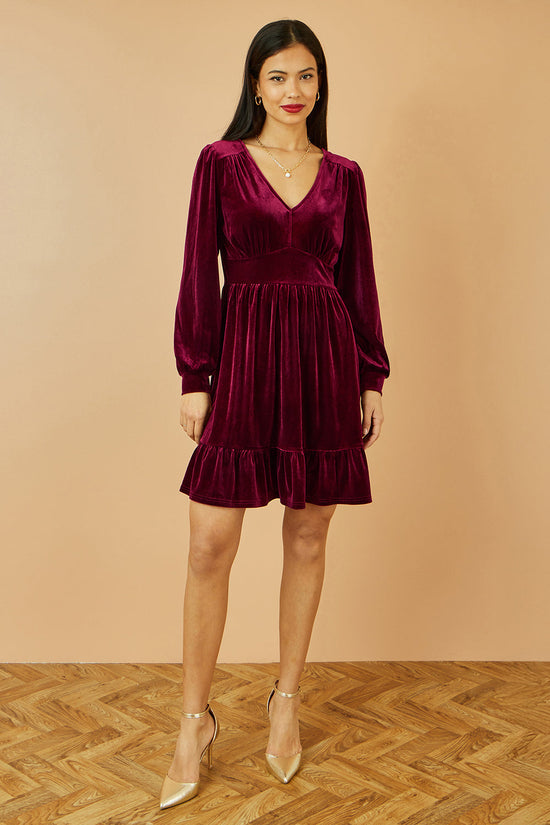 Yumi Burgundy Velvet Long Sleeve Skater Dress - QHA UK