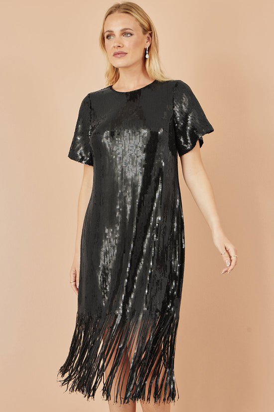 Yumi Black Sequin Tassels Hem Midi Tunic Dress - QHA UK