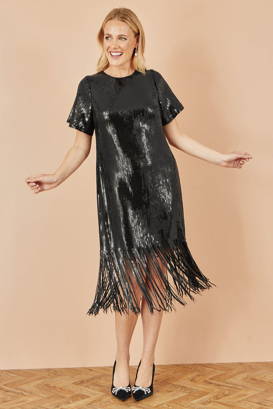 Yumi Black Sequin Tassels Hem Midi Tunic Dress - QHA UK