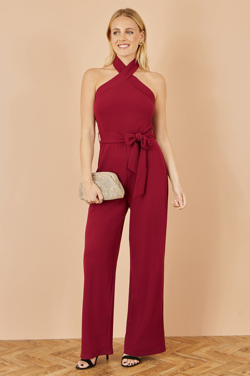 Yumi Burgundy Cross Over Halter Neck Jumpsuit - QHA UK