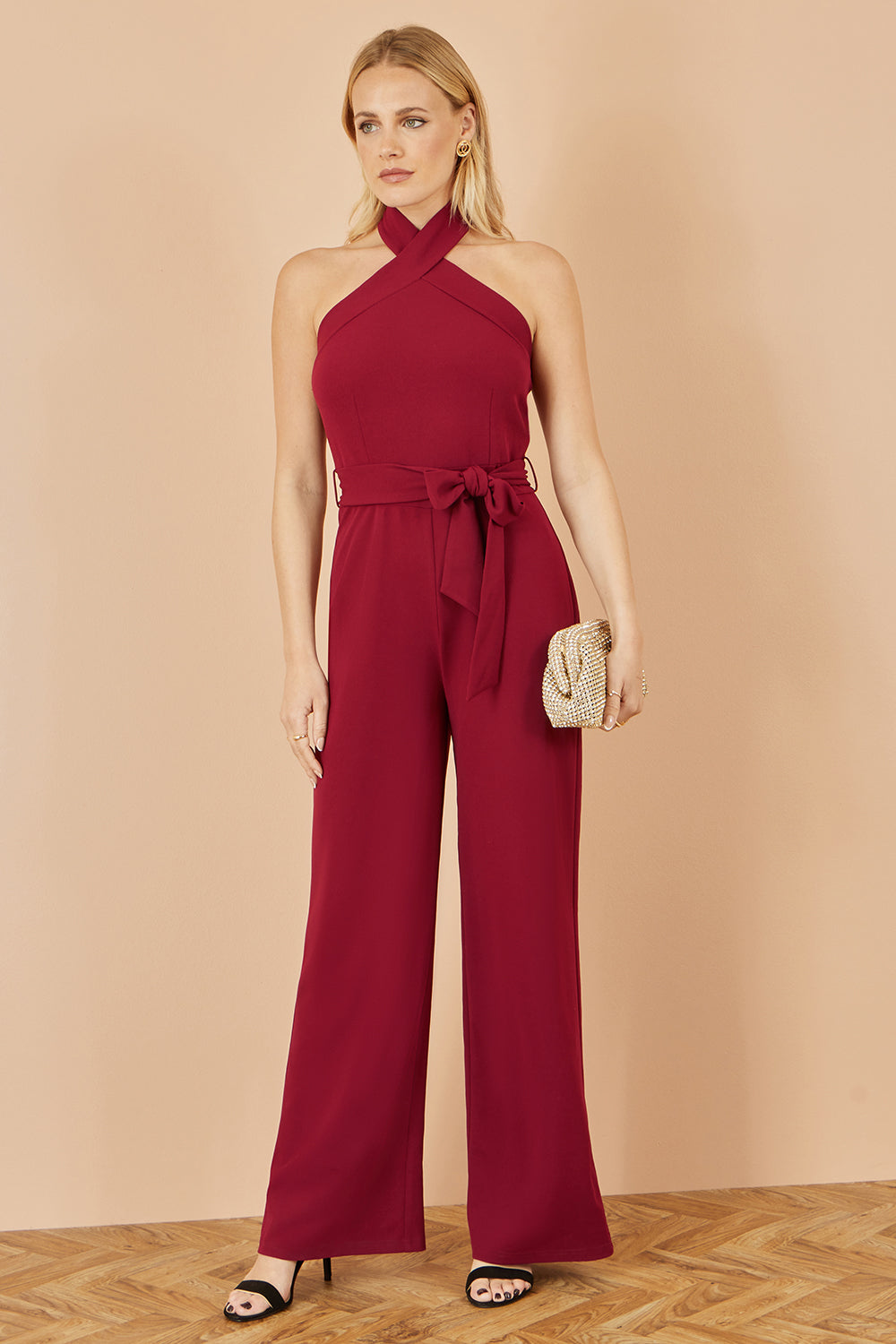 Yumi Burgundy Cross Over Halter Neck Jumpsuit - QHA UK