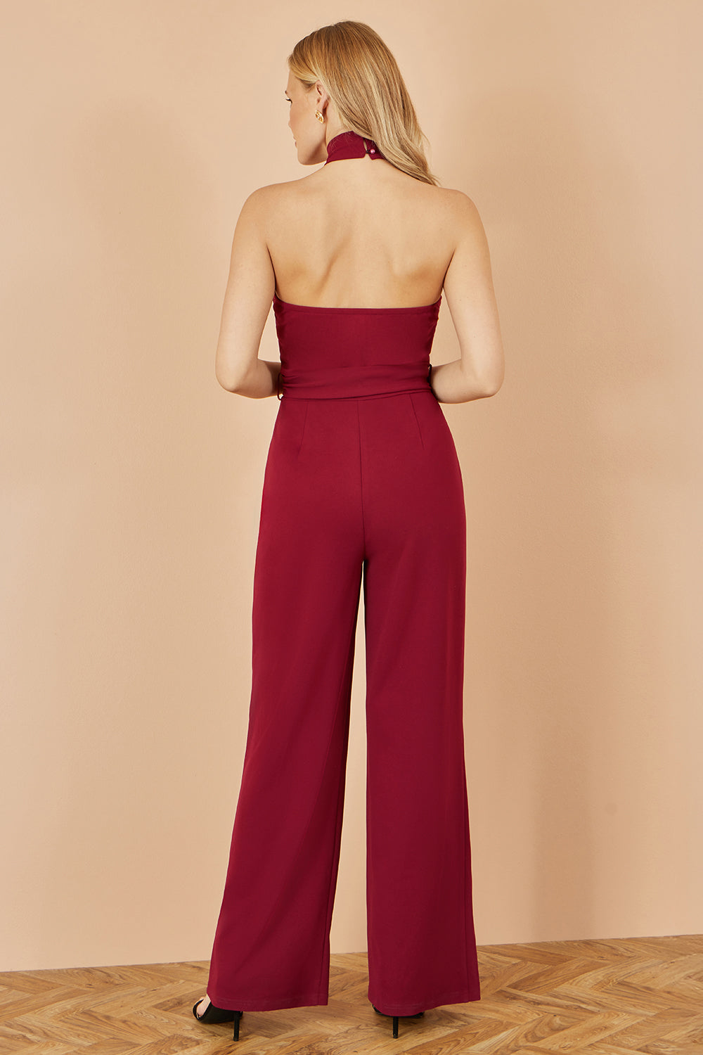 Yumi Burgundy Cross Over Halter Neck Jumpsuit - QHA UK