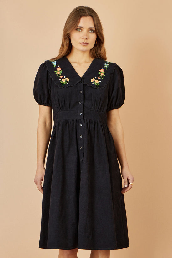 Yumi Black Long Sleeve Midi Dress With Floral Embroidery - QHA UK