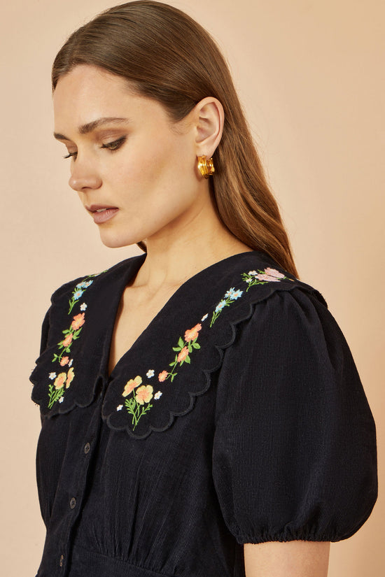 Yumi Black Long Sleeve Midi Dress With Floral Embroidery - QHA UK