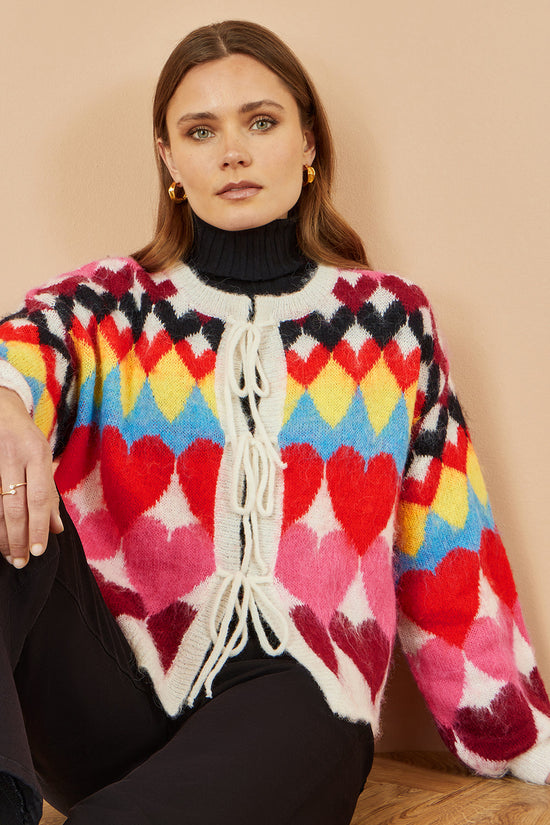 Yumi Womens Multicolour Heart Intarsia Cardigan Tie Front Soft Knit - QHA UK
