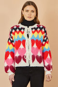 Yumi Womens Multicolour Heart Intarsia Cardigan Tie Front Soft Knit