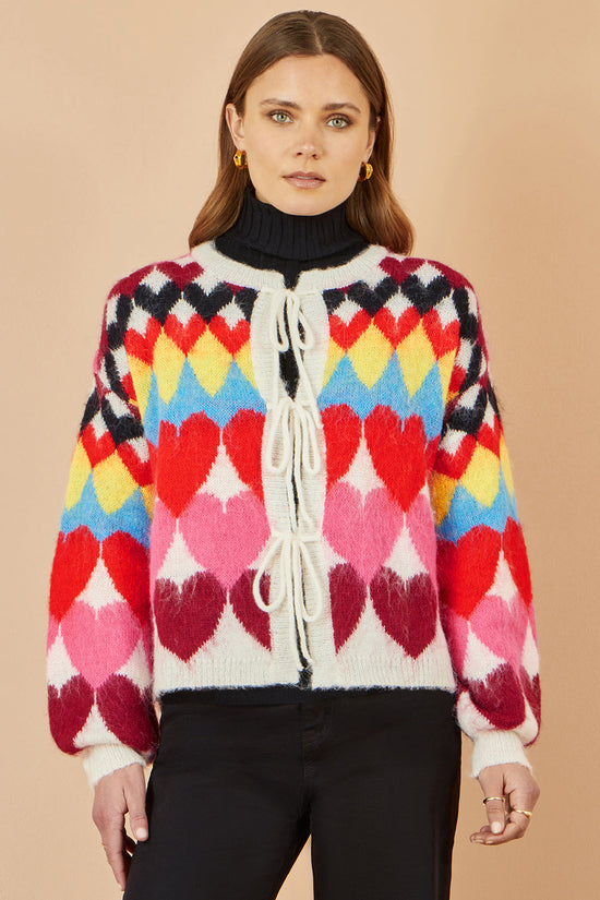 Yumi Womens Multicolour Heart Intarsia Cardigan Tie Front Soft Knit - QHA UK