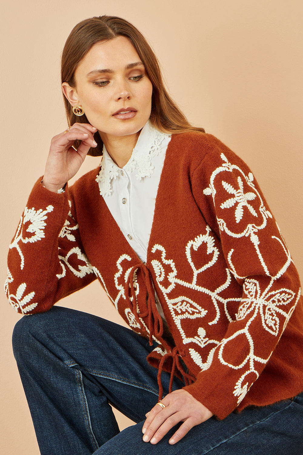 Yumi Brown Folk Embroidered Tie Front Cardigan - QHA UK