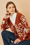 Yumi Brown Folk Embroidered Tie Front Cardigan - QHA UK