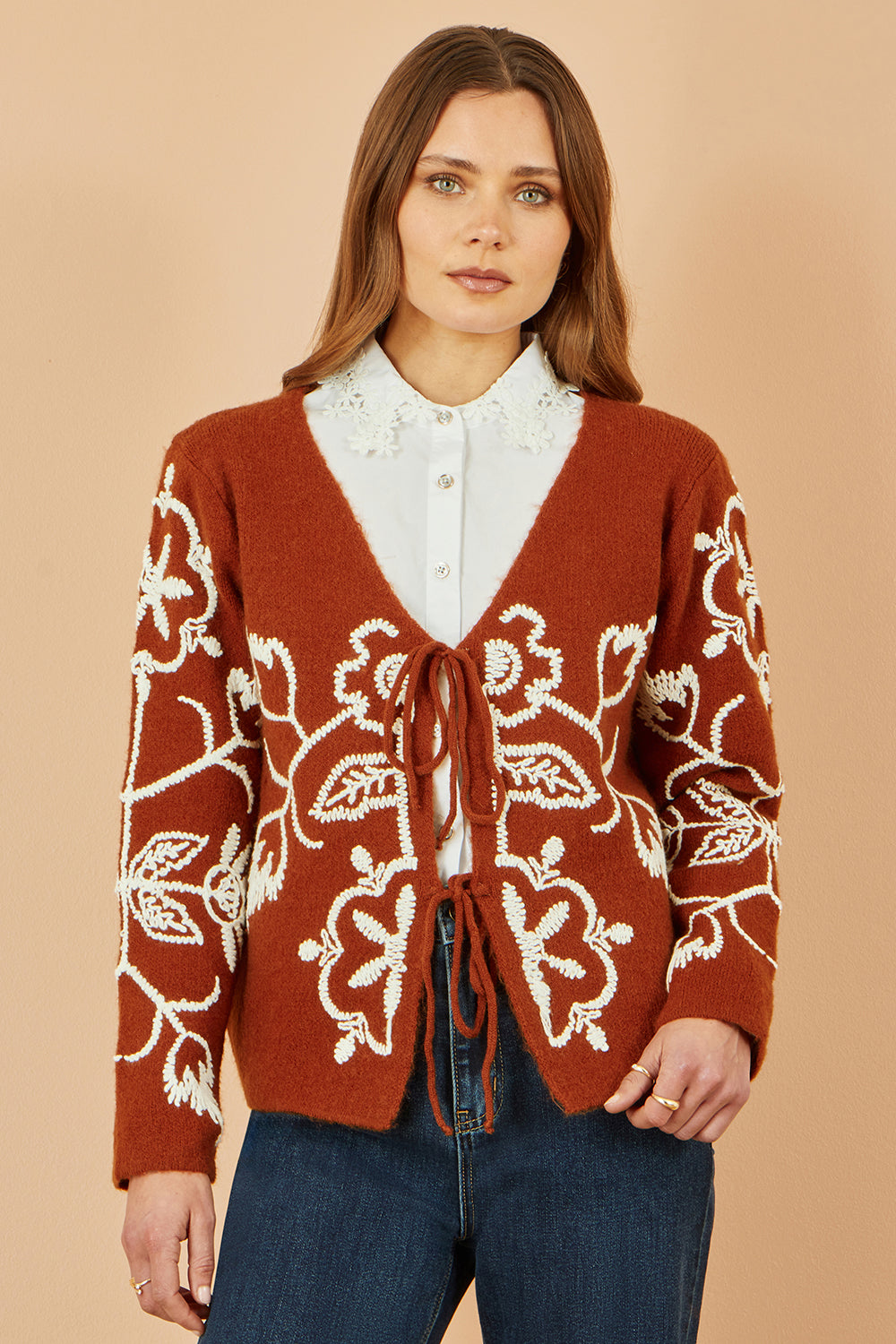 Yumi Brown Folk Embroidered Tie Front Cardigan - QHA UK