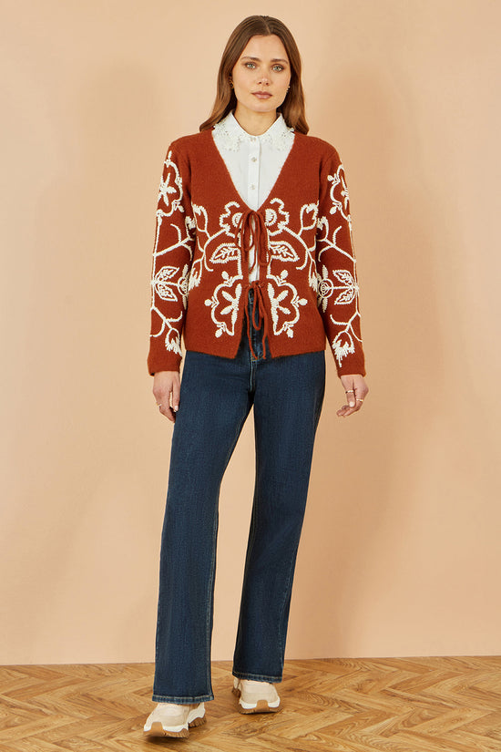 Yumi Brown Folk Embroidered Tie Front Cardigan - QHA UK