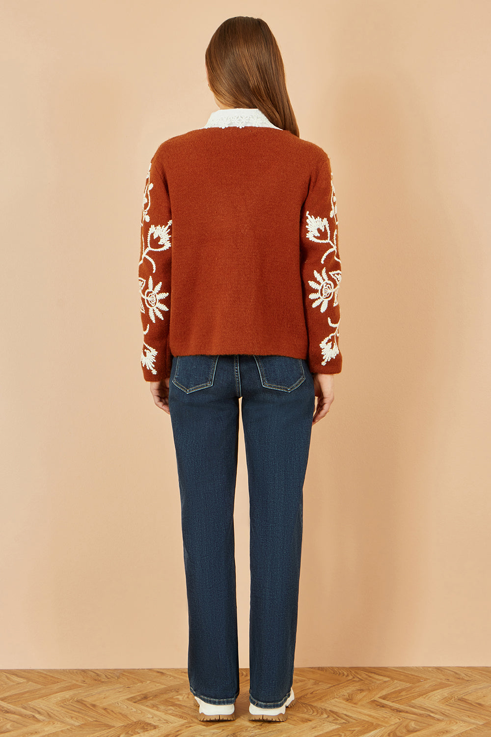 Yumi Brown Folk Embroidered Tie Front Cardigan - QHA UK