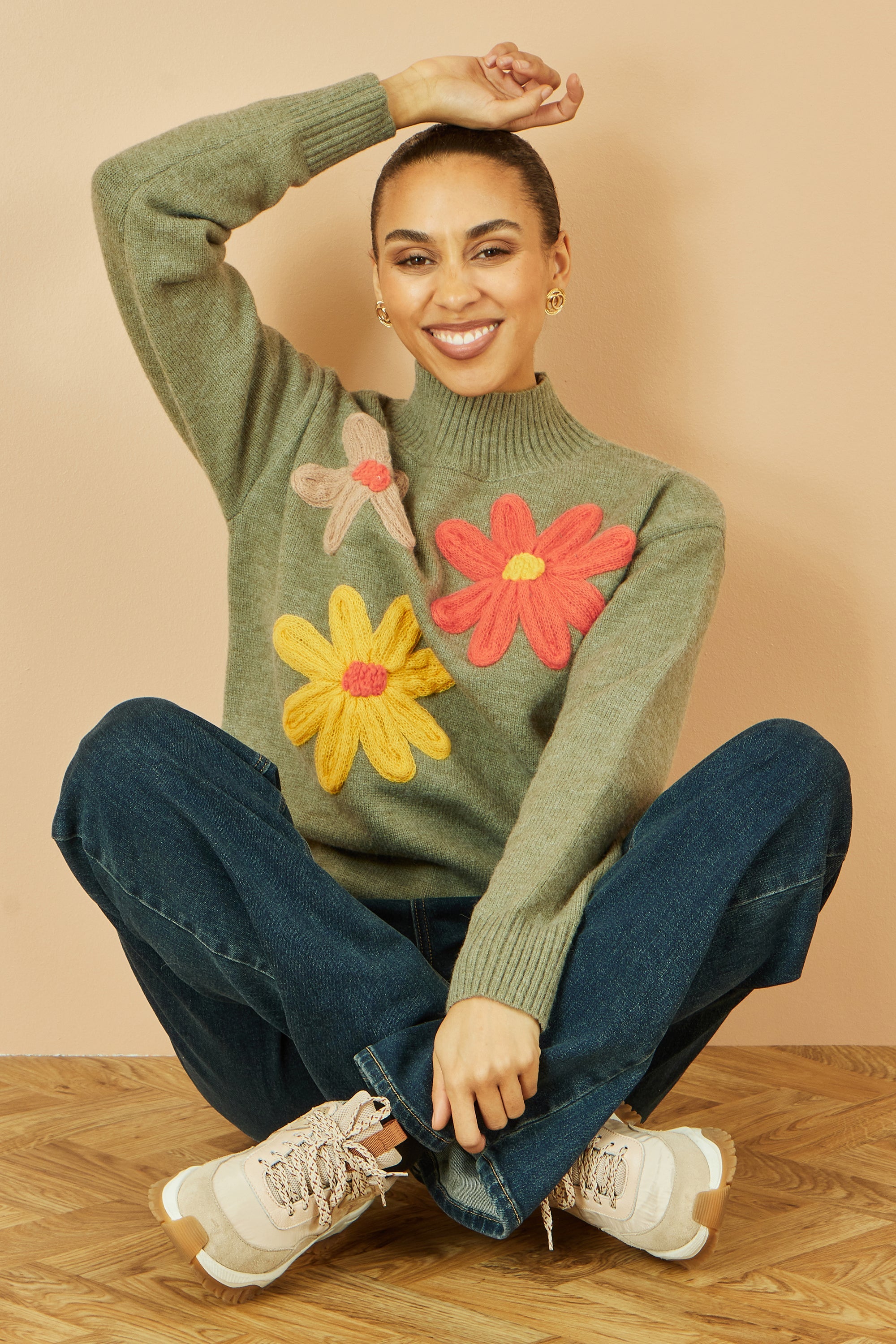Yumi Green Knitted High Neck Jumper With Applique Flowers