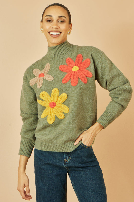 Yumi Green Knitted High Neck Jumper With Applique Flowers - QHA UK