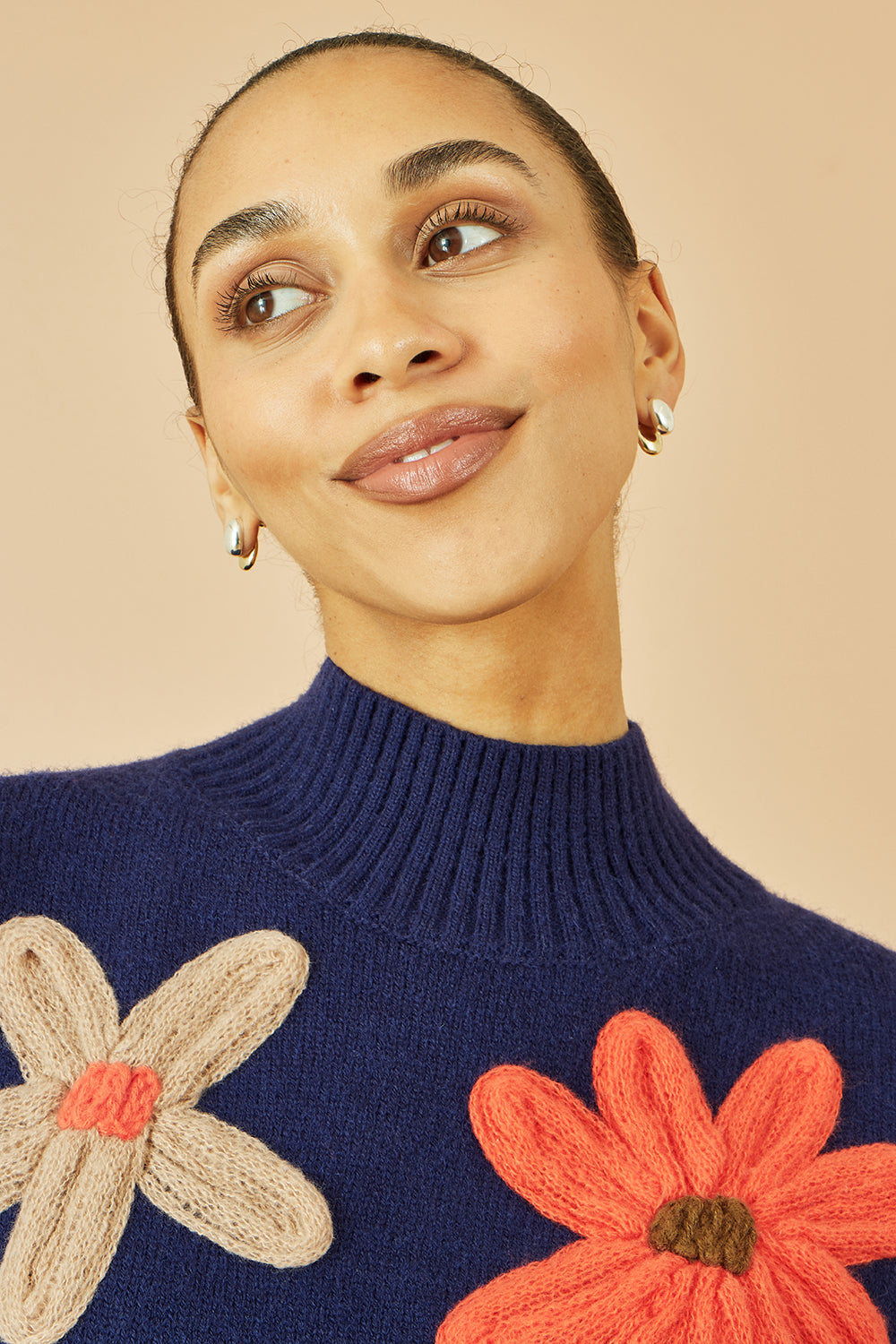 Yumi Navy Knitted High Neck Jumper With Applique Flowers - QHA UK