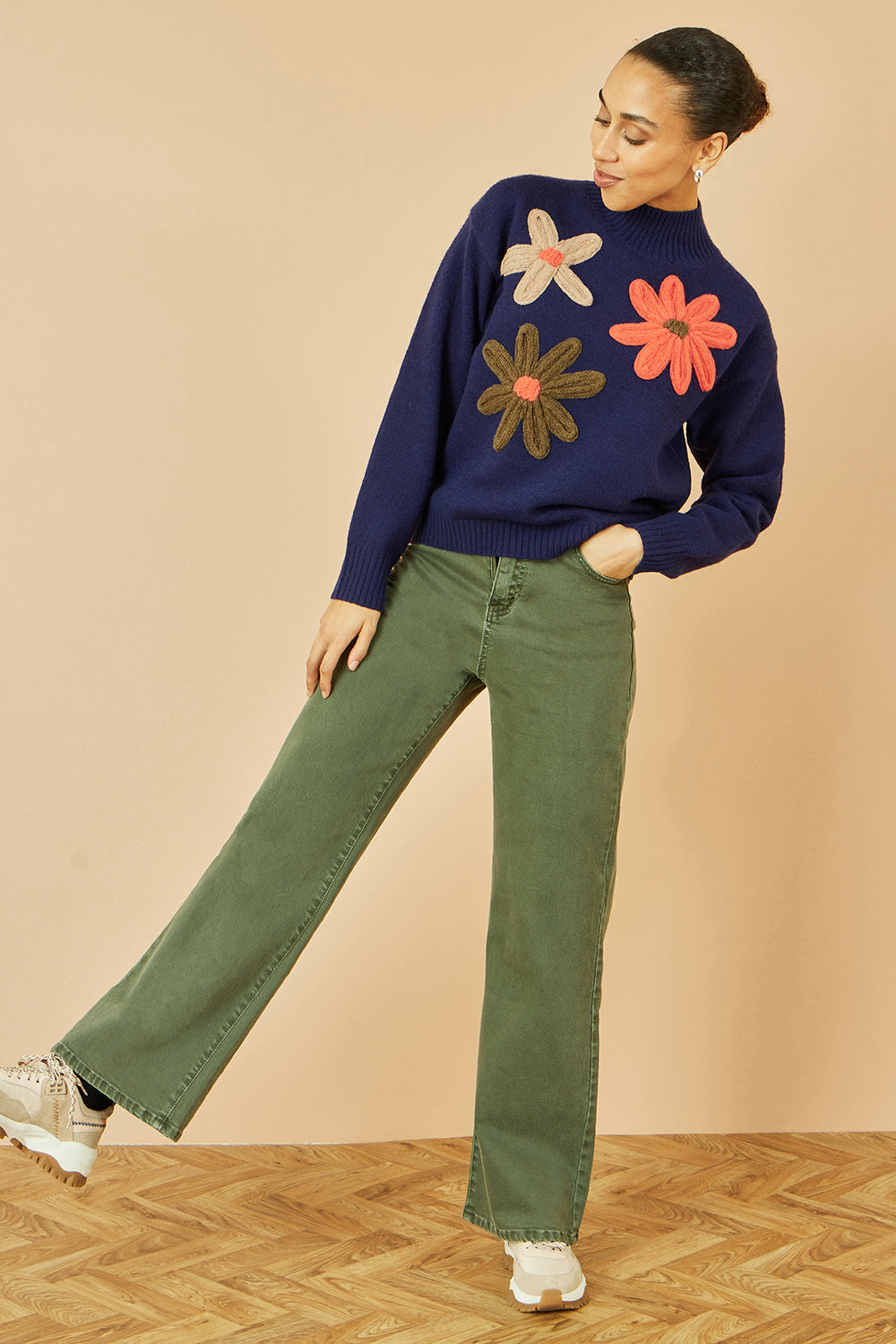 Yumi Navy Knitted High Neck Jumper With Applique Flowers - QHA UK