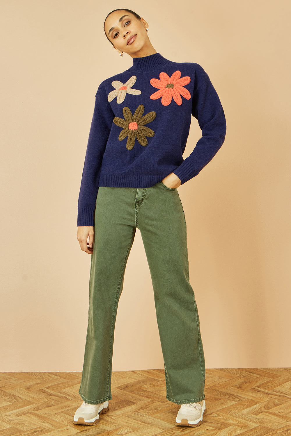 Yumi Navy Knitted High Neck Jumper With Applique Flowers - QHA UK
