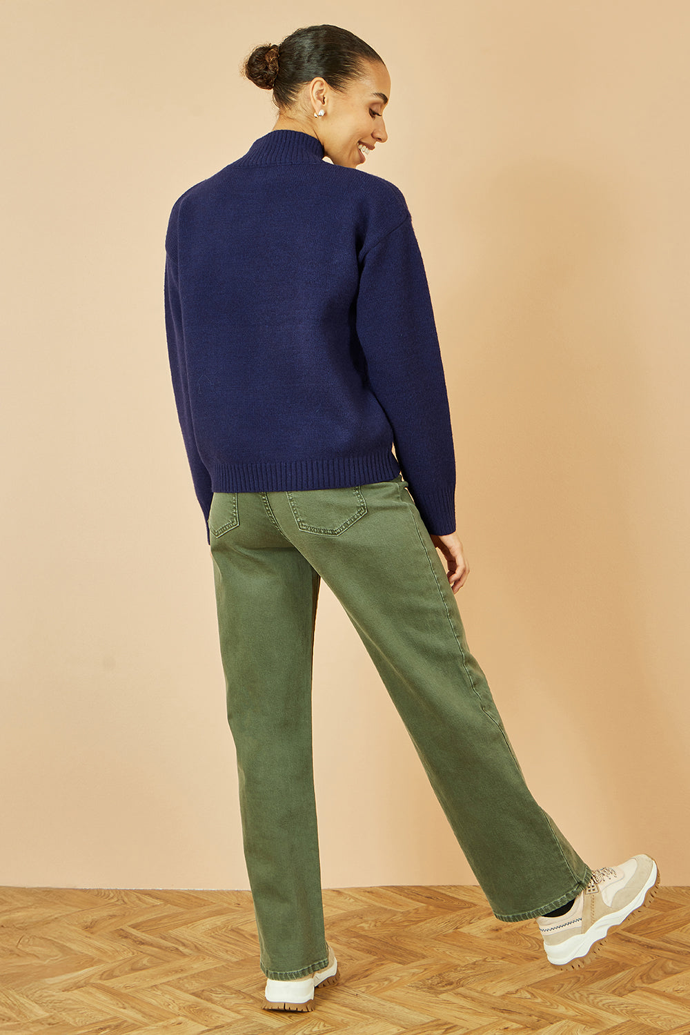 Yumi Navy Knitted High Neck Jumper With Applique Flowers - QHA UK