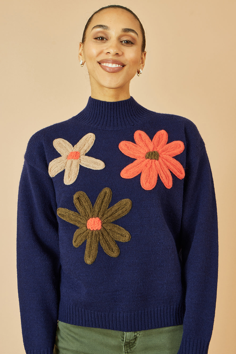 Yumi Navy Knitted High Neck Jumper With Applique Flowers - QHA UK