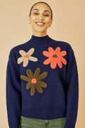 Yumi Navy Knitted High Neck Jumper With Applique Flowers - QHA UK