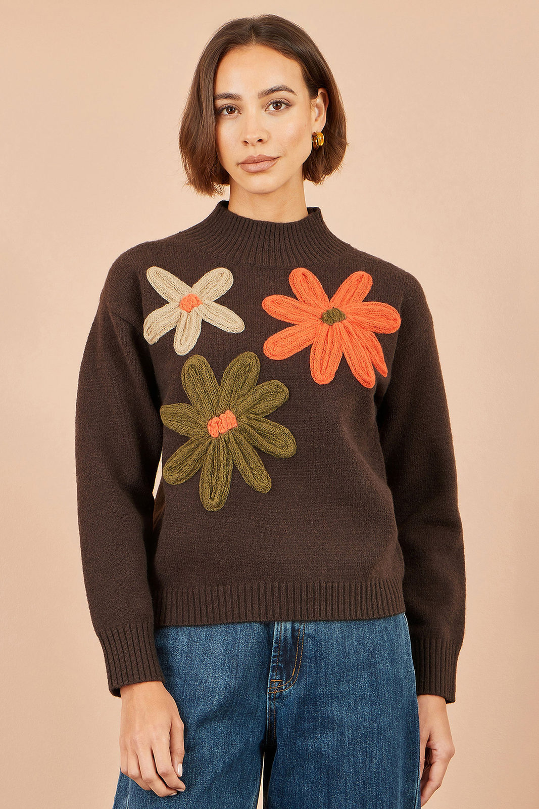 Yumi Women's Brown Knitted High Neck Jumper with Oversize Applique Flowers